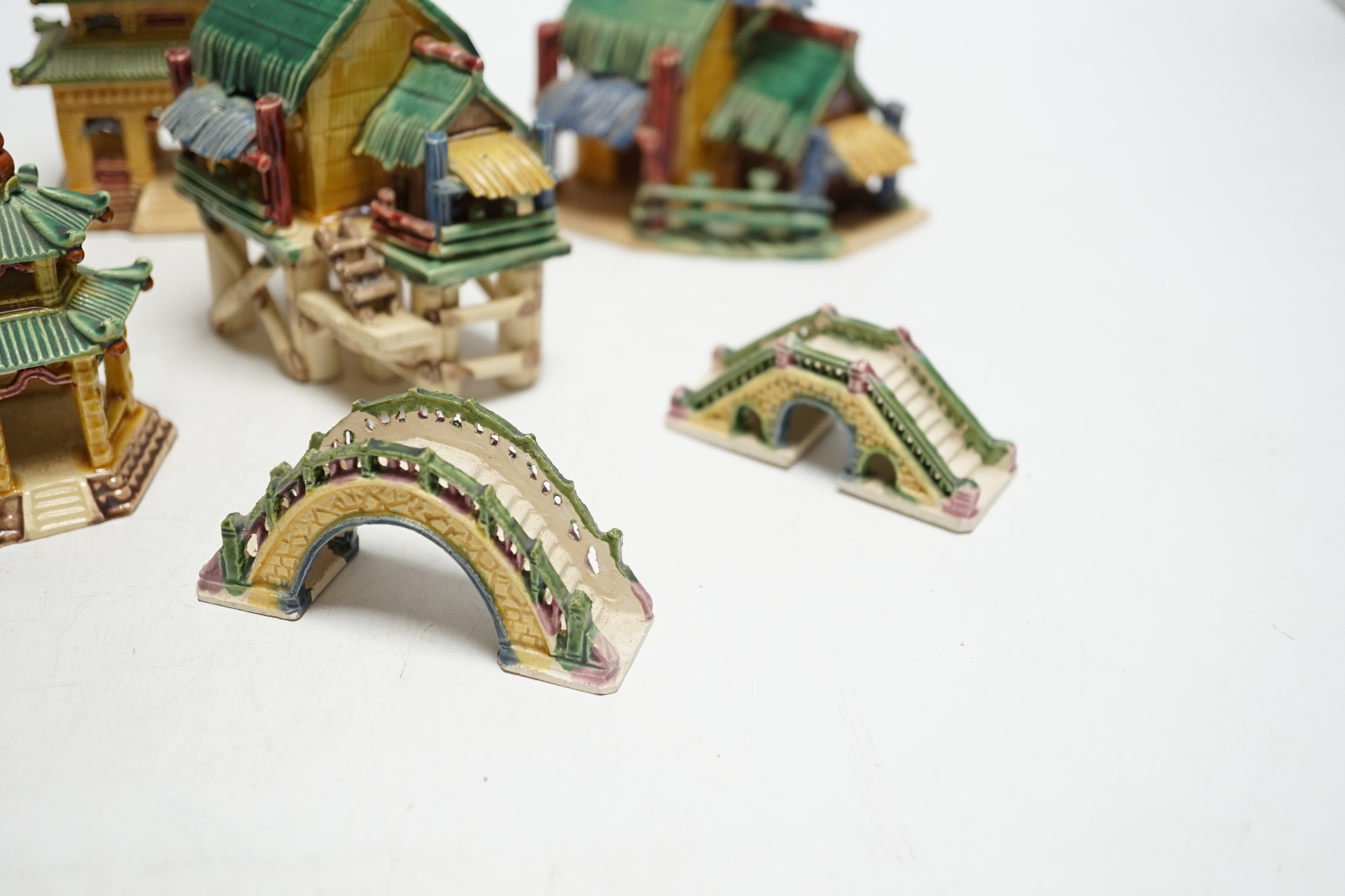 Chinese sancai glazed models of houses, a dish and a cloisonne pot, cloisonné pot 10cm high